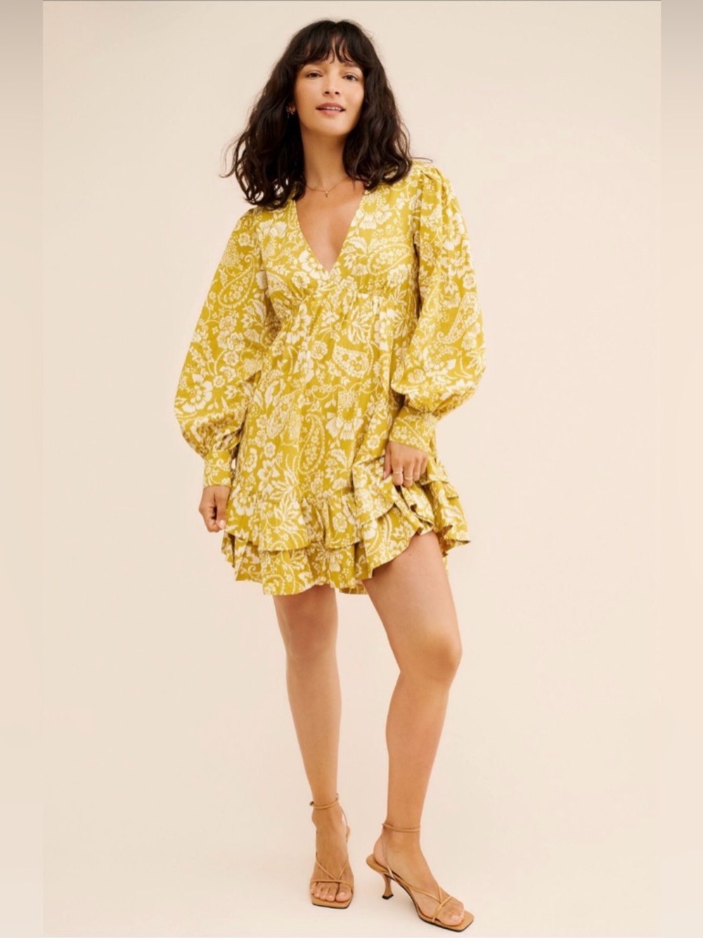 Maeve Yellow Floral Mini Dress S Boho Puff Sleeve V Neck Ruffle - Picture 2 of 8